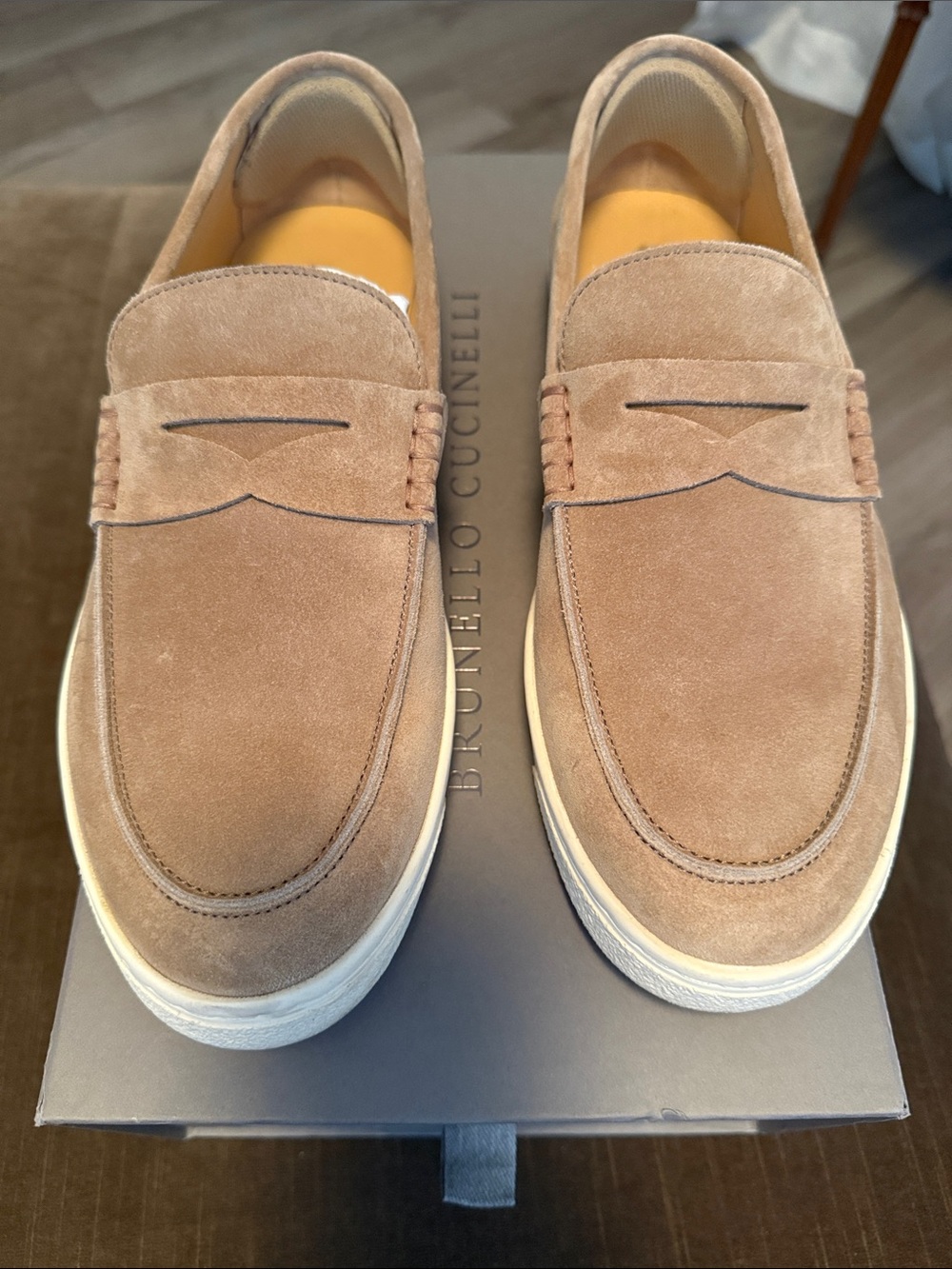 Brunello Cucinelli Suede Penny Loafers in Light Brown